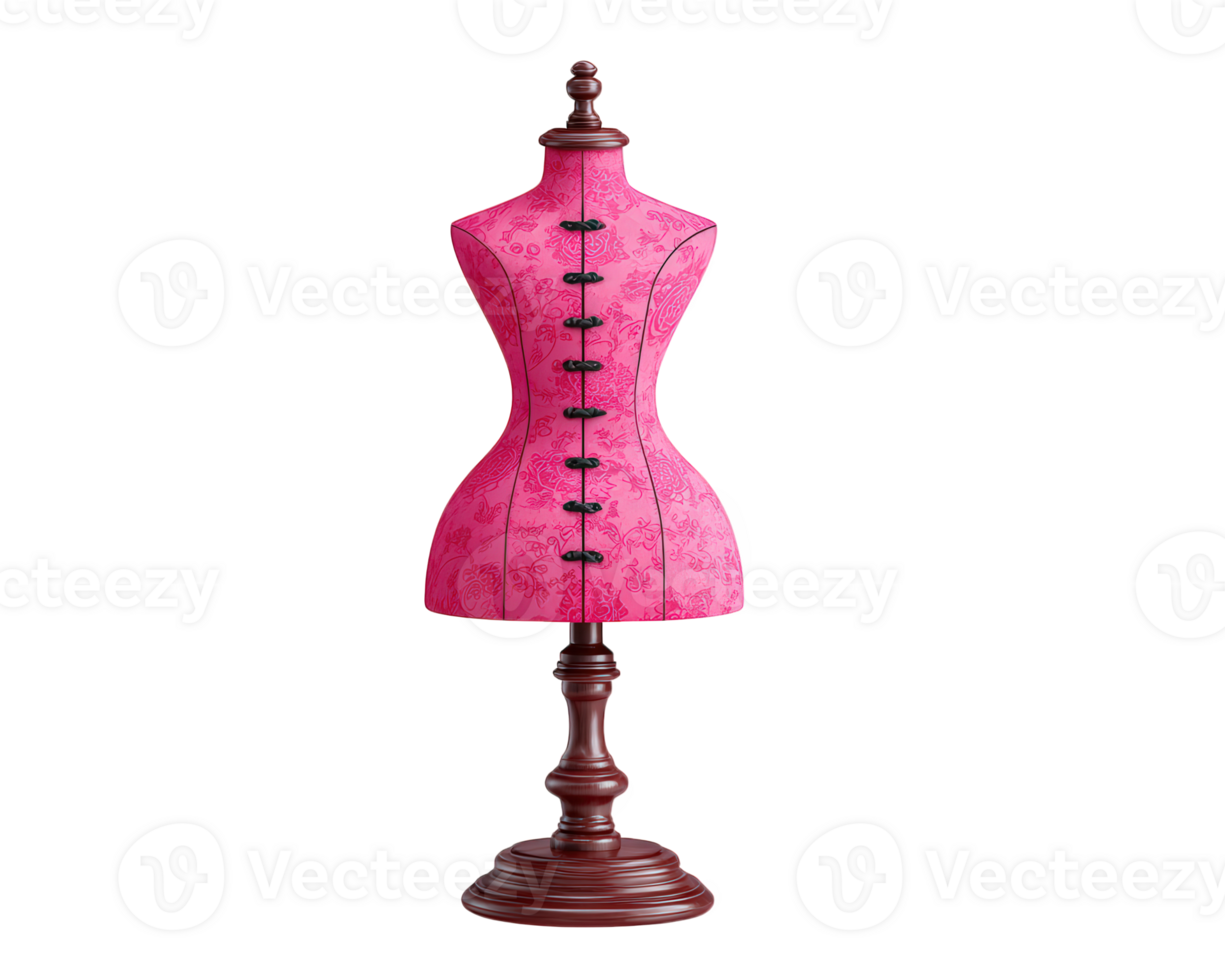 Pink dress form mannequin with floral pattern, wooden stand, and adjustable buttons, used for sewing, tailoring, and fashion design, isolated on transparency background png