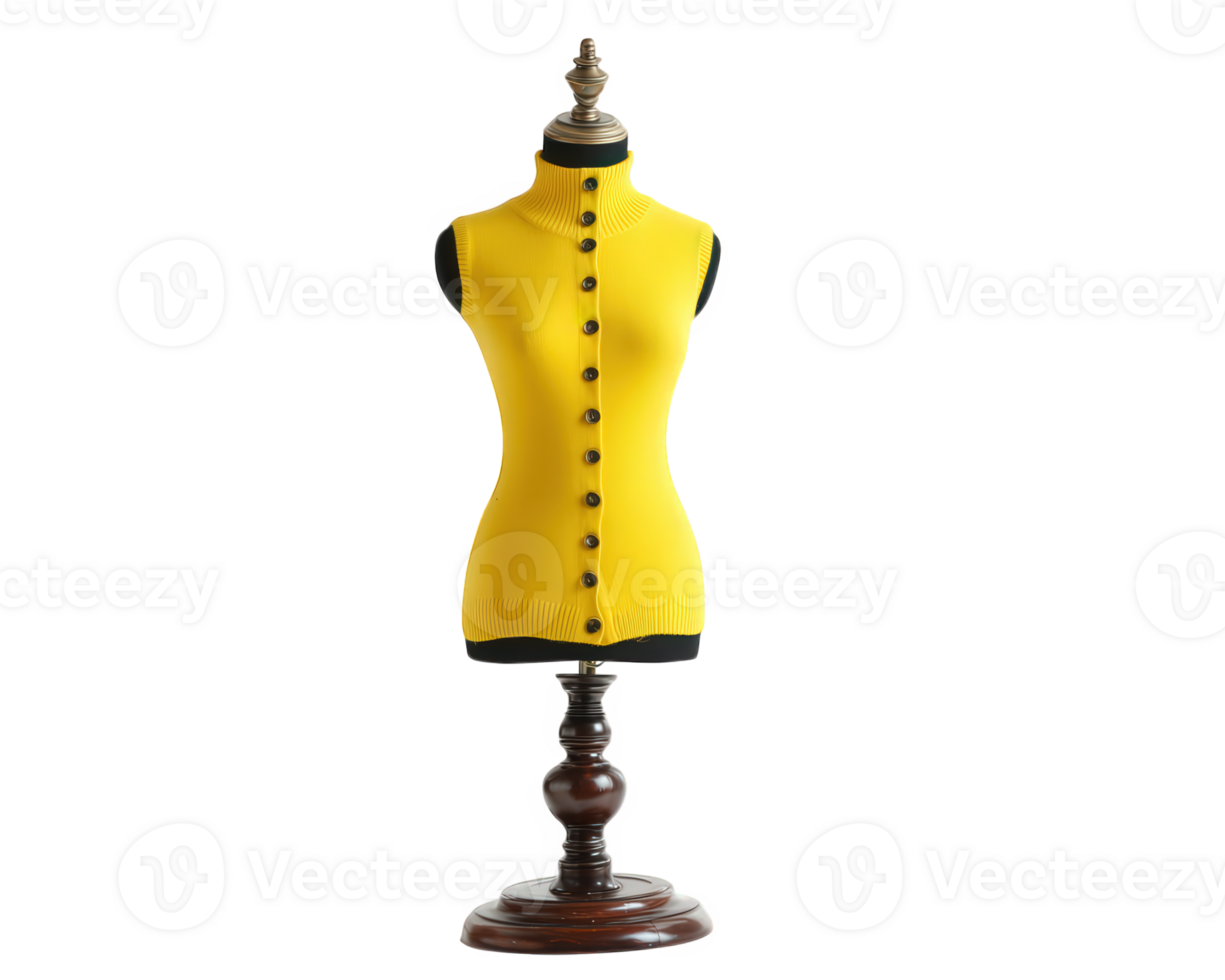 Yellow sleeveless turtleneck sweater with black buttons displayed on wooden mannequin stand, isolated on transparency background, modern fashion, cheerful style png