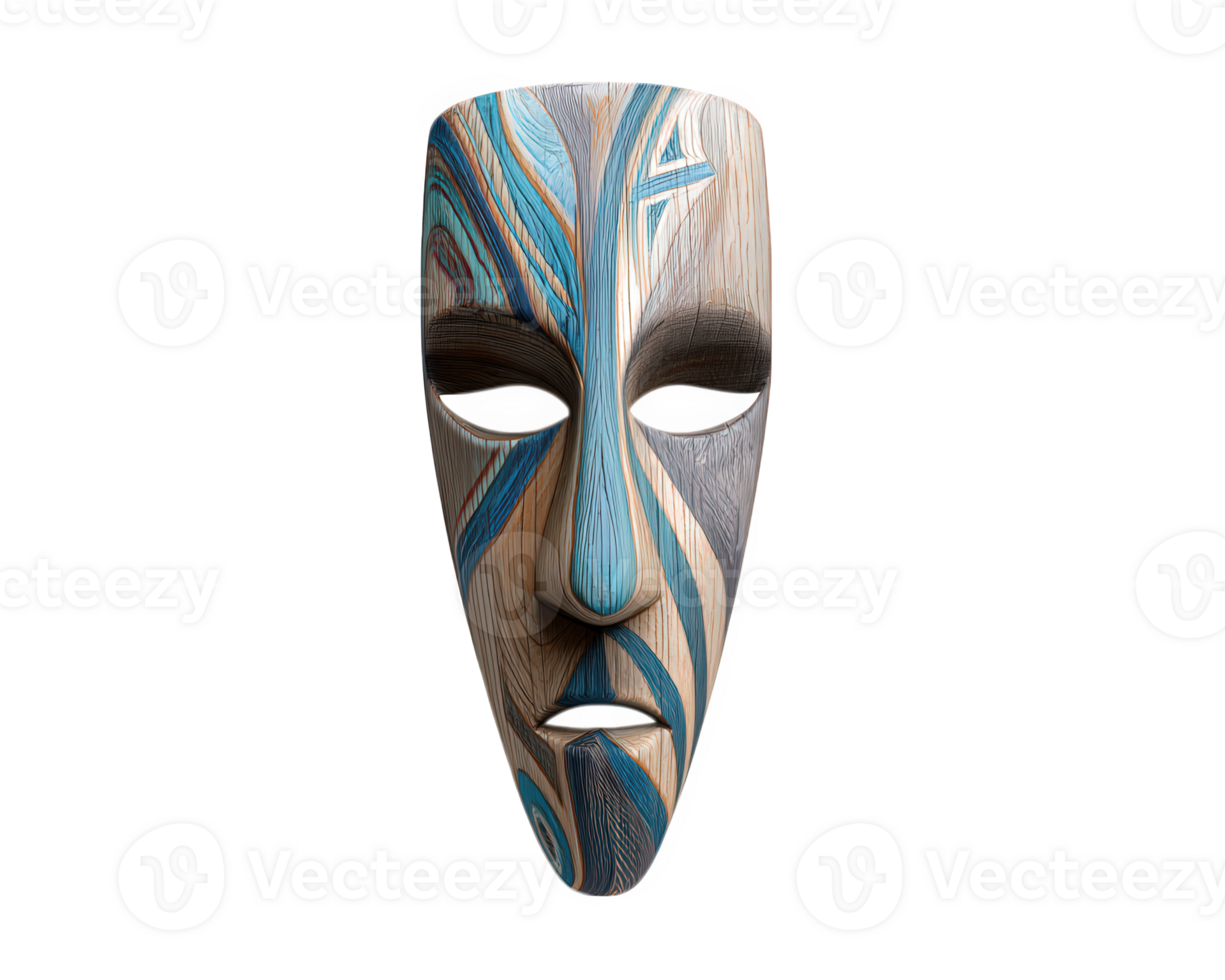 Colorful tribal mask with vibrant blue, beige, and gray patterns, wooden texture, elongated shape, and expressive features, symbolizing cultural heritage and artistic tradition png