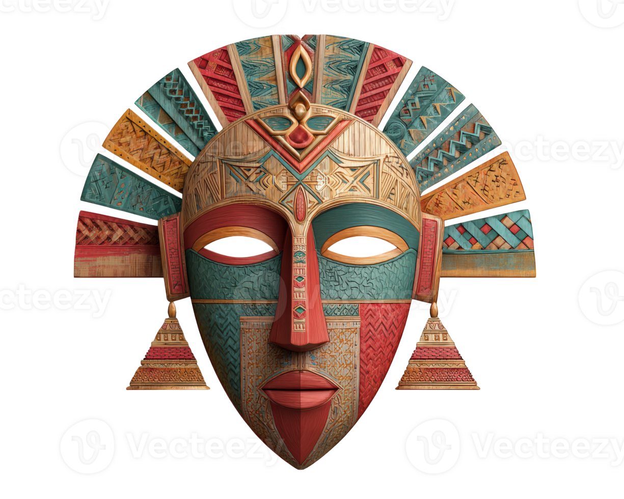 Colorful tribal mask with vibrant geometric pattern intricate carving gold red turquoise and orange detail symmetrical design cultural artifact festive and expressive png