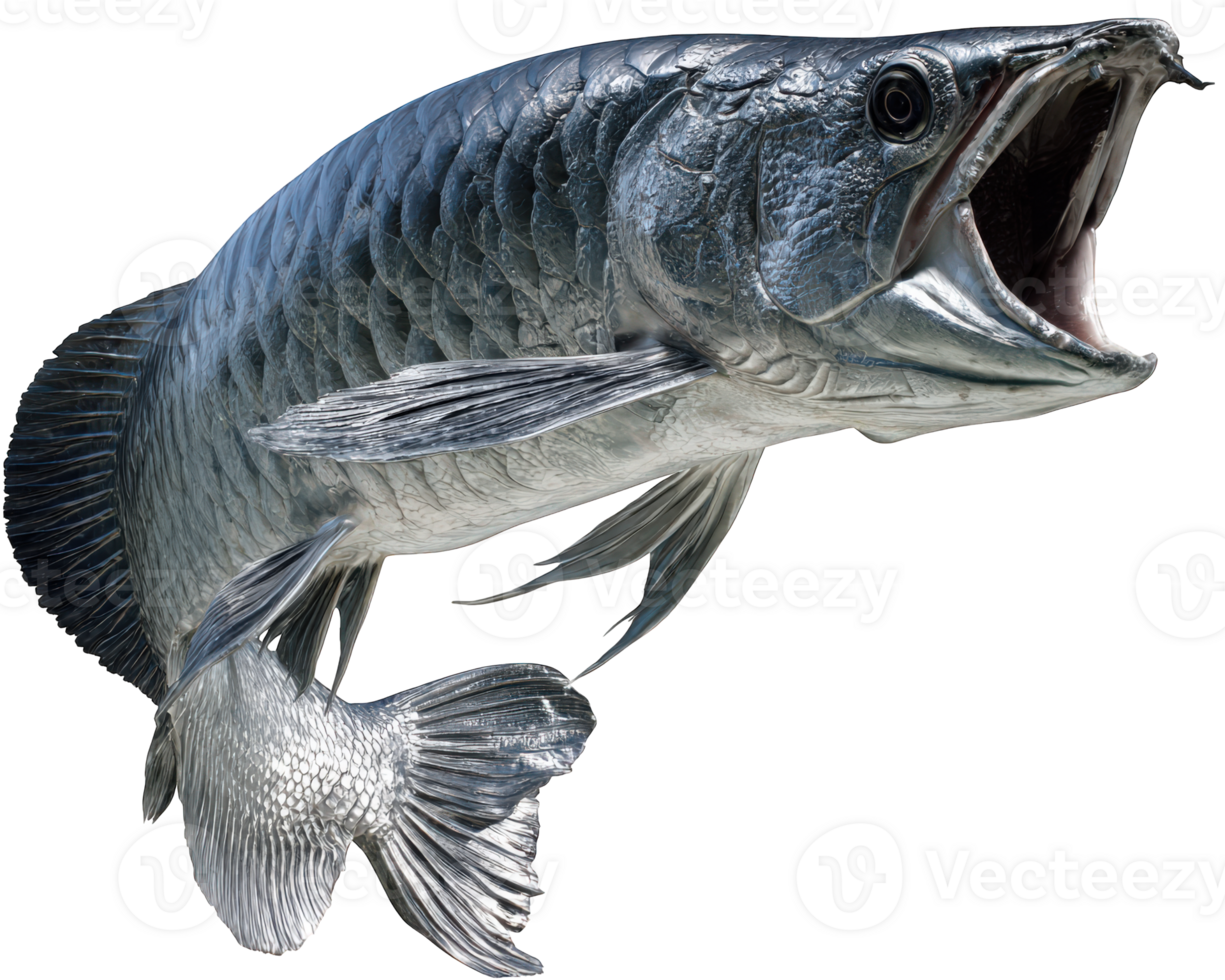 Silver arowana fish leaping with mouth open, isolated on transparency background, displaying shiny scales and dynamic movement, aquatic animal, excitement, closeup png