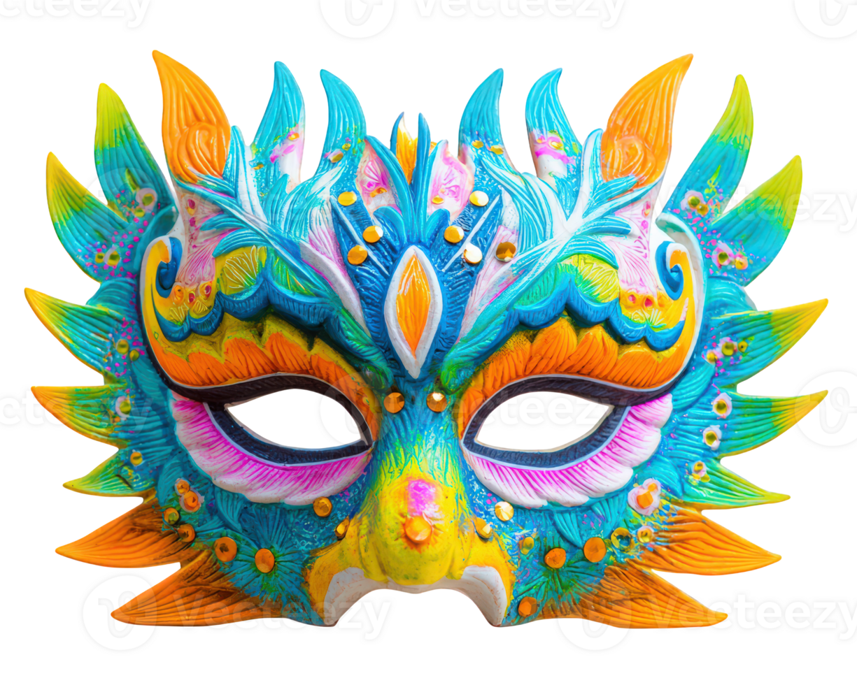 Colorful festival mask with mirror work, tassels, vibrant feathers, and intricate patterns, expressing joy and celebration, perfect for Indian cultural events and traditional festivities png