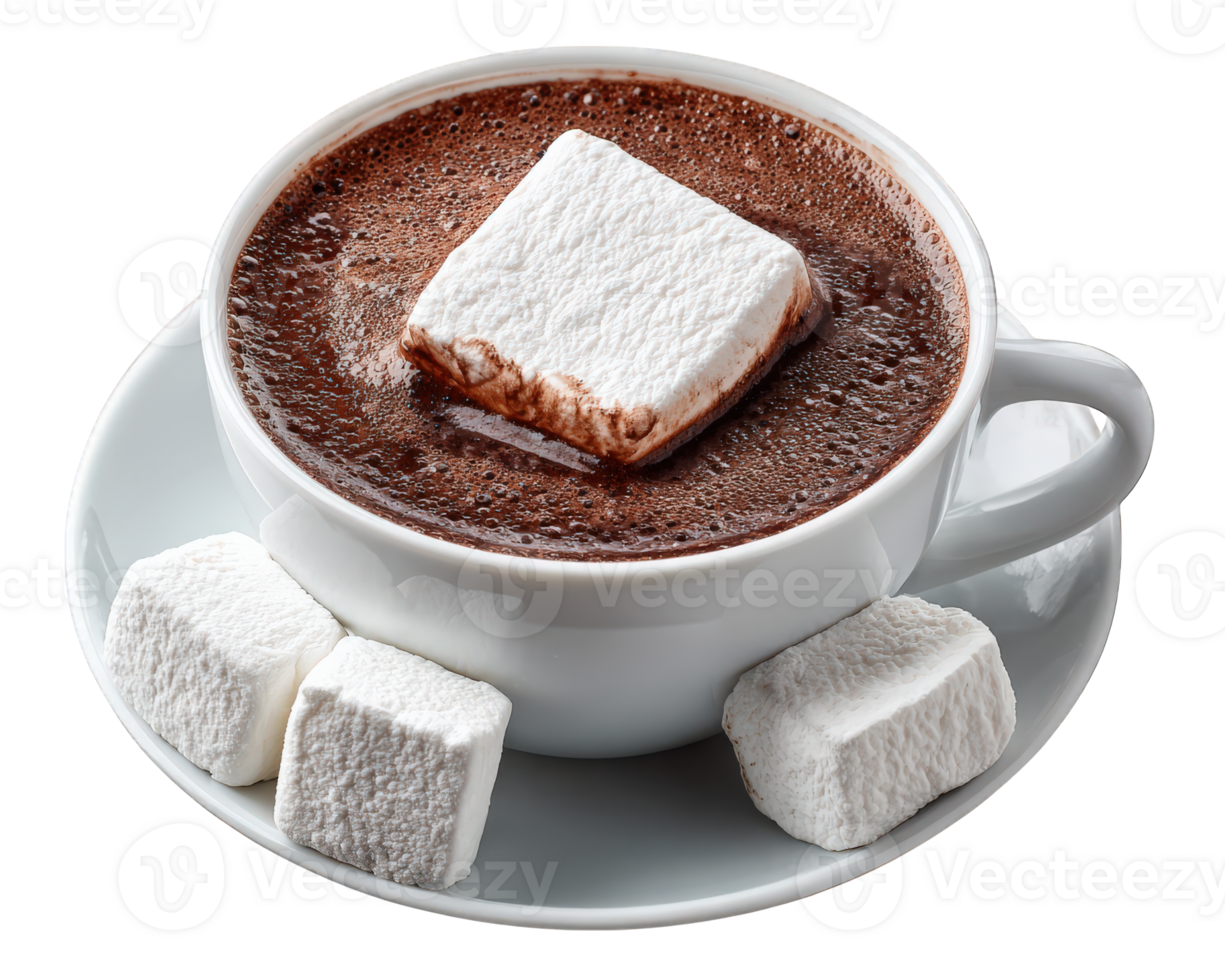 Hot chocolate with fluffy marshmallow in white cup on saucer, rich cocoa drink, cozy and inviting, perfect for winter comfort and relaxation png