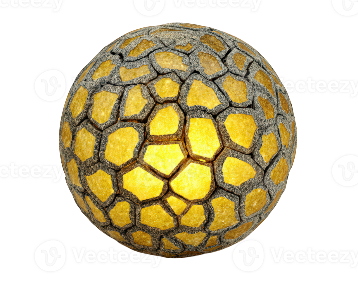 Glowing cracked glass ball object with inner yellow light, spherical shape, isolated on transparency background, modern decorative design, warm illumination, unique texture png