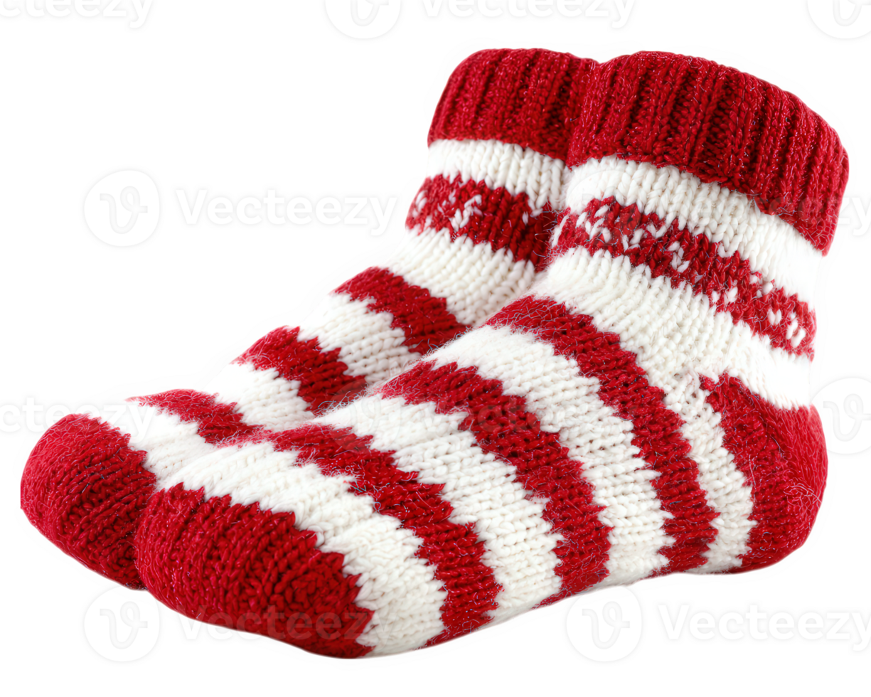 Red and white striped wool sock, cozy winter accessory, isolated on transparency background, festive pattern, warm and soft, comfortable for cold weather png