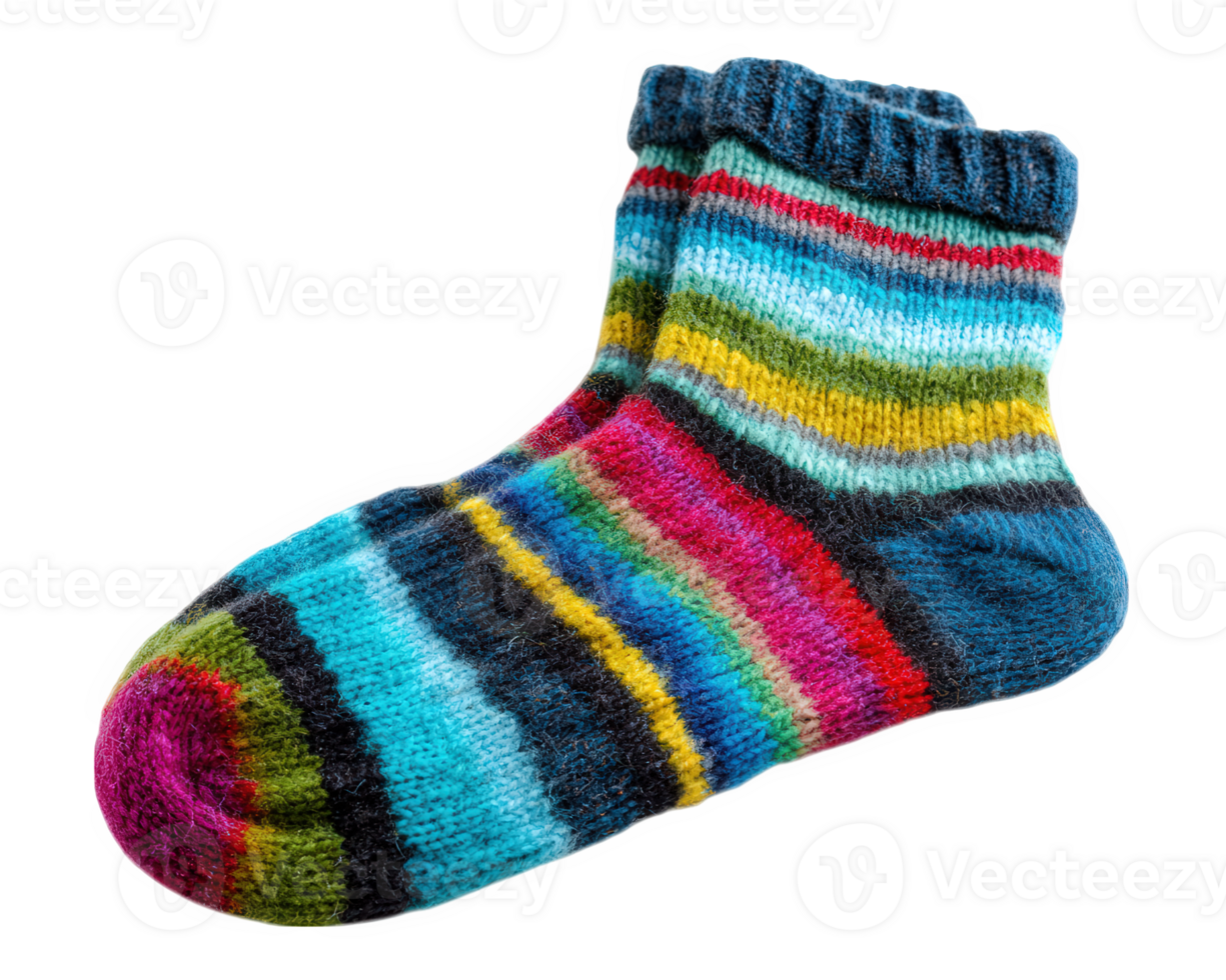 Colorful striped wool sock pair isolated on transparency background, cozy and warm winter accessory, soft knitted fabric, vibrant pattern, comfortable clothing for cold weather png