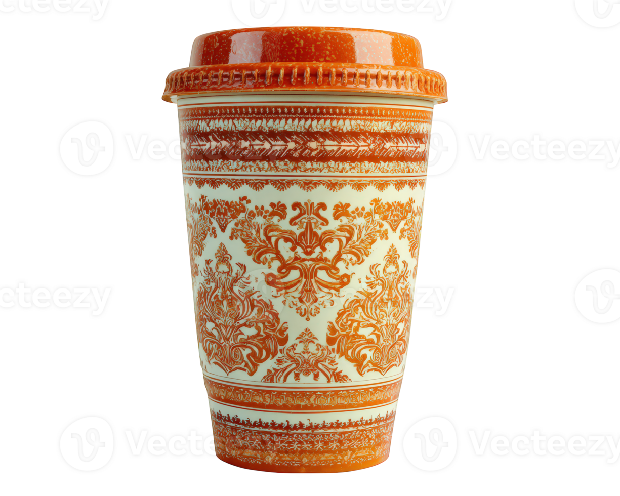 Ornate takeaway coffee cup with orange and brown pattern, ceramic material, intricate floral design, isolated on transparency background, elegant and stylish drinkware png