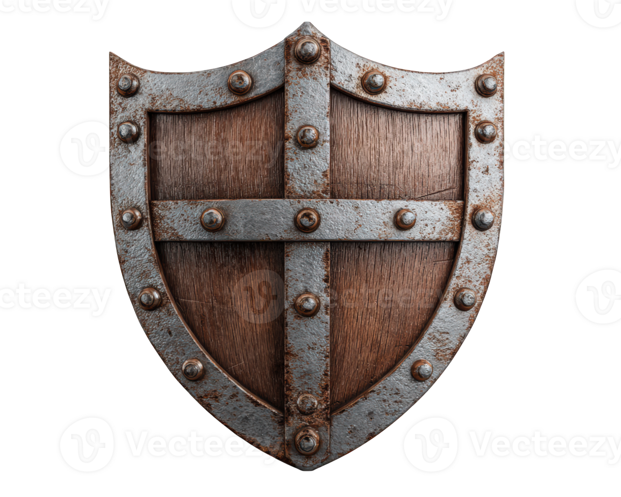 Wooden shield metal border rivets medieval style rustic texture protection security vintage isolated defense. This wooden shield with metal border and rivets evokes sense of strength png