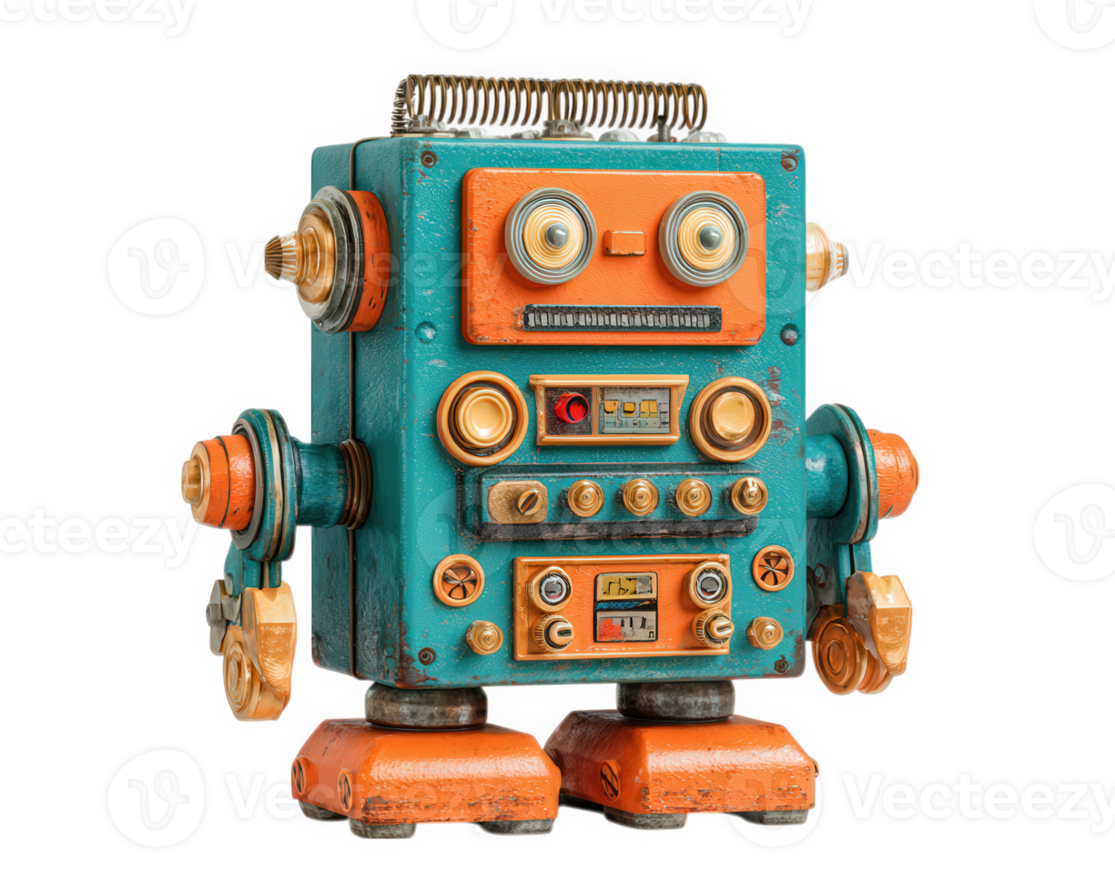 Retro robot toy, teal and orange, isolated on transparency background, vintage mechanical design, playful and nostalgic, metallic texture, whimsical expression png