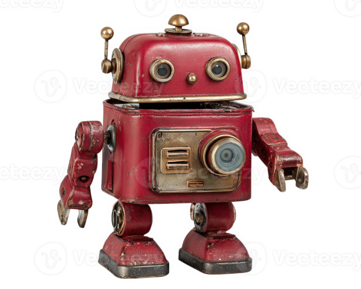 Vintage red toy robot with metallic details, isolated on transparency background, retro style, nostalgic and playful, evokes curiosity and joy, collectible object png