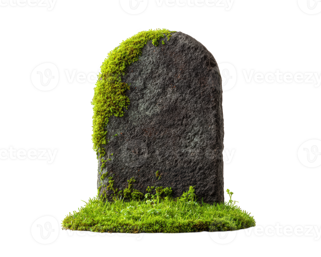 Old gravestone covered with green moss and grass, isolated on transparency background, evokes sense of history and solitude, perfect for cemetery or Halloween themes png