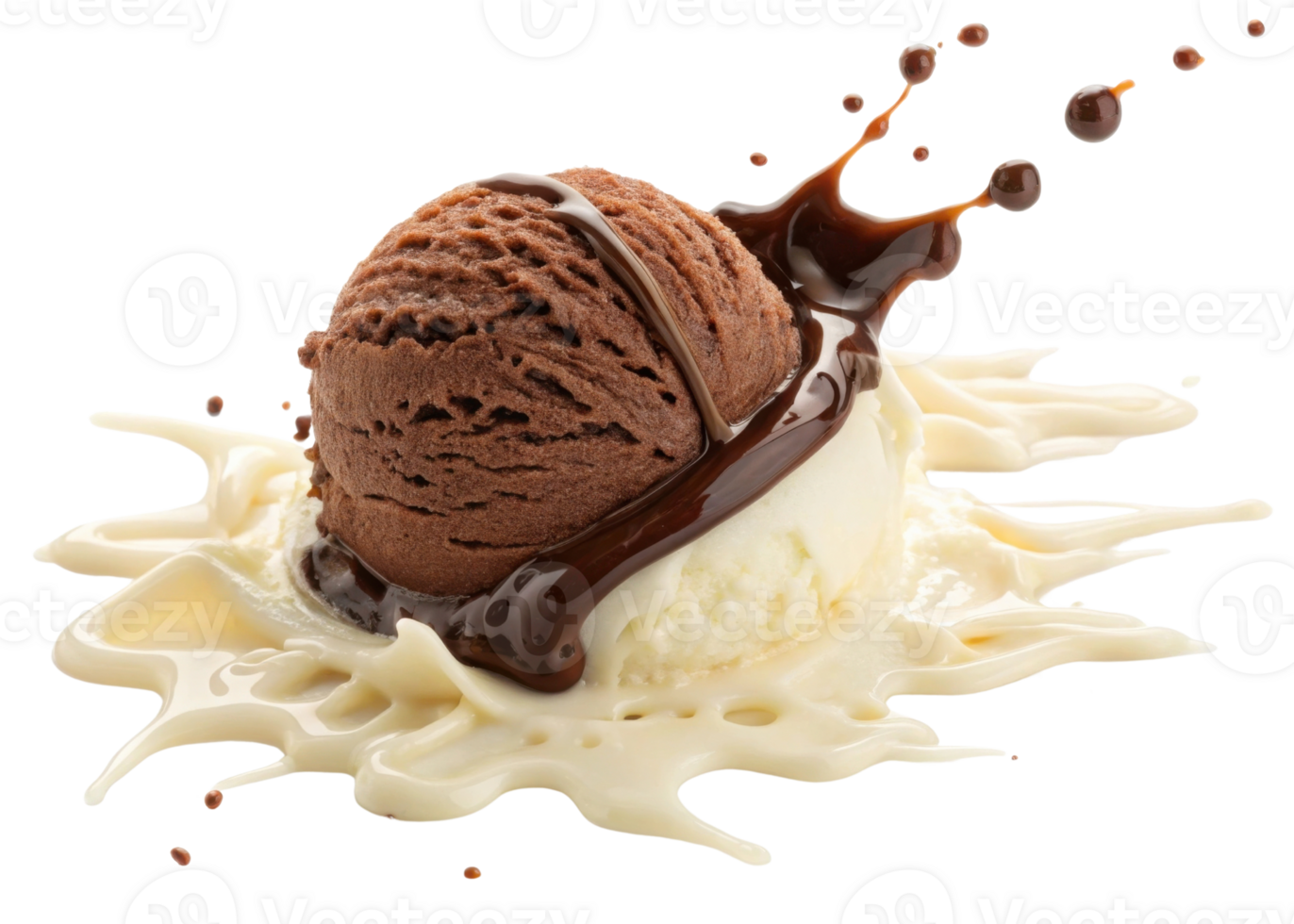 Delight in rich chocolate ice cream topped with luscious cream swirl and splash of chocolate sauce creating tempting dessert experience png