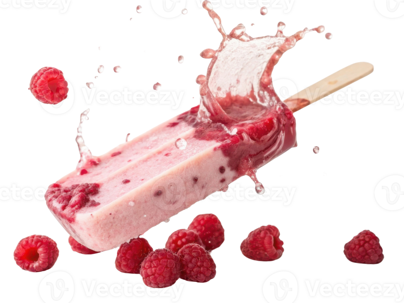 Raspberry ice cream popsicle splashes with juicy raspberry droplets creating refreshing and delightful treat png