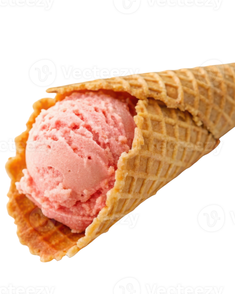 Delight in refreshing scoop of watermelon ice cream nestled in crispy cone, perfect for warm days and sweet cravings png