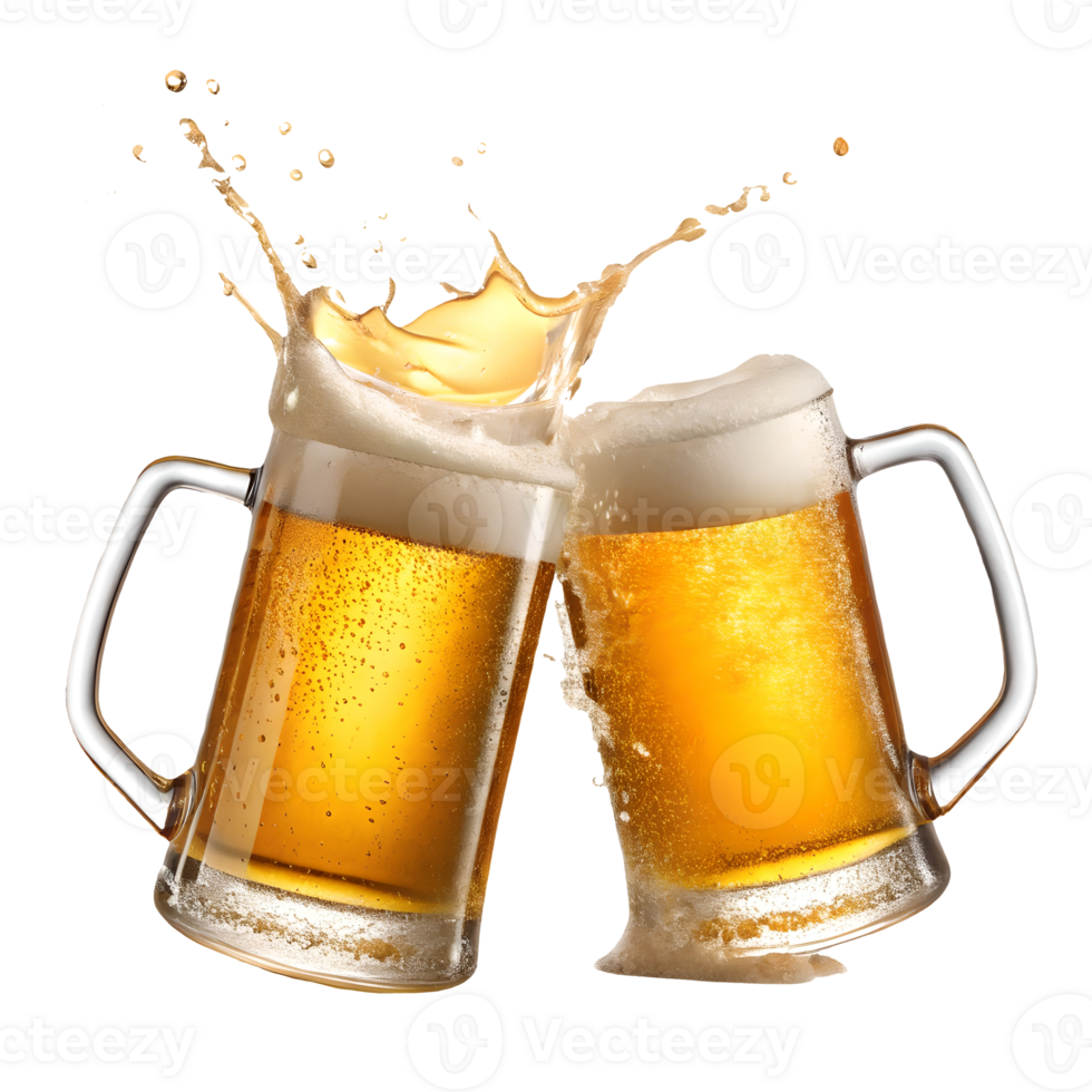 Cheers Two Beer Mugs Clinking with Refreshing Splash on , Celebratory Toast Transparent Background png