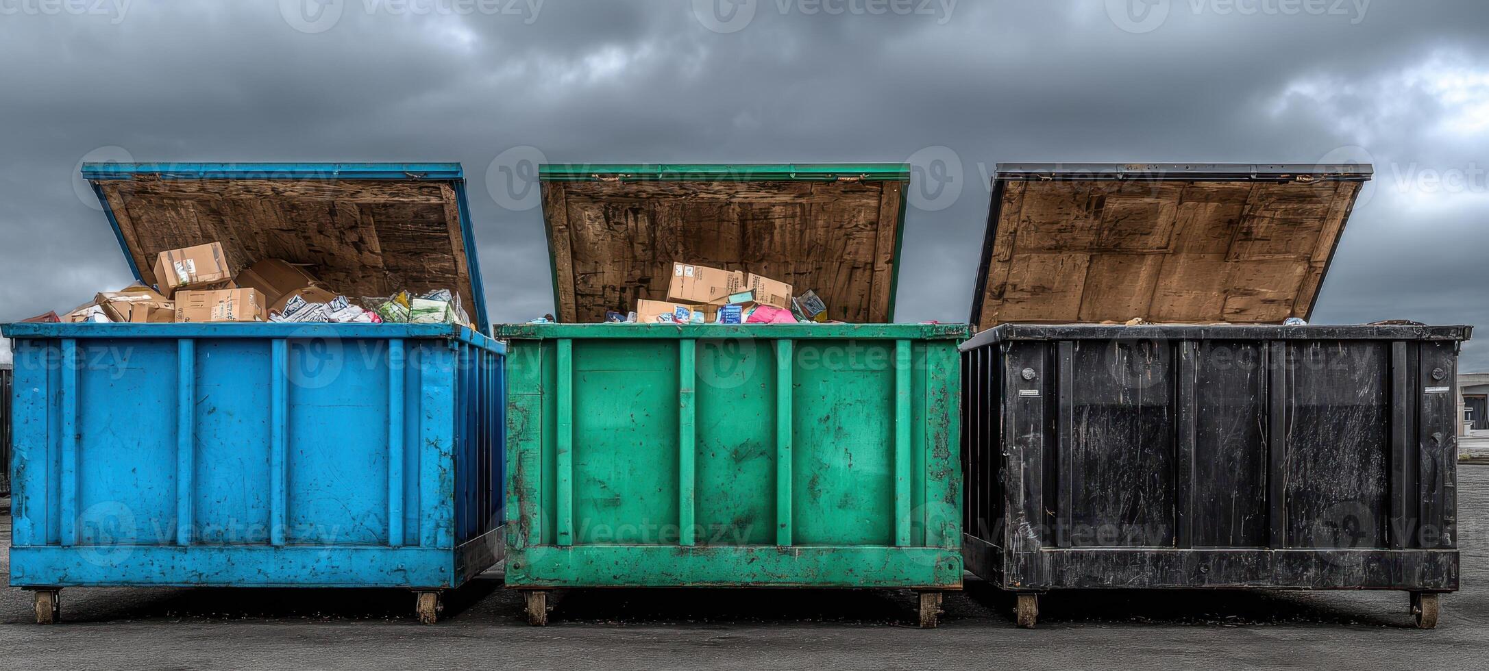 The multiple colored dumpsters filled with waste under a cloudy sky. photo