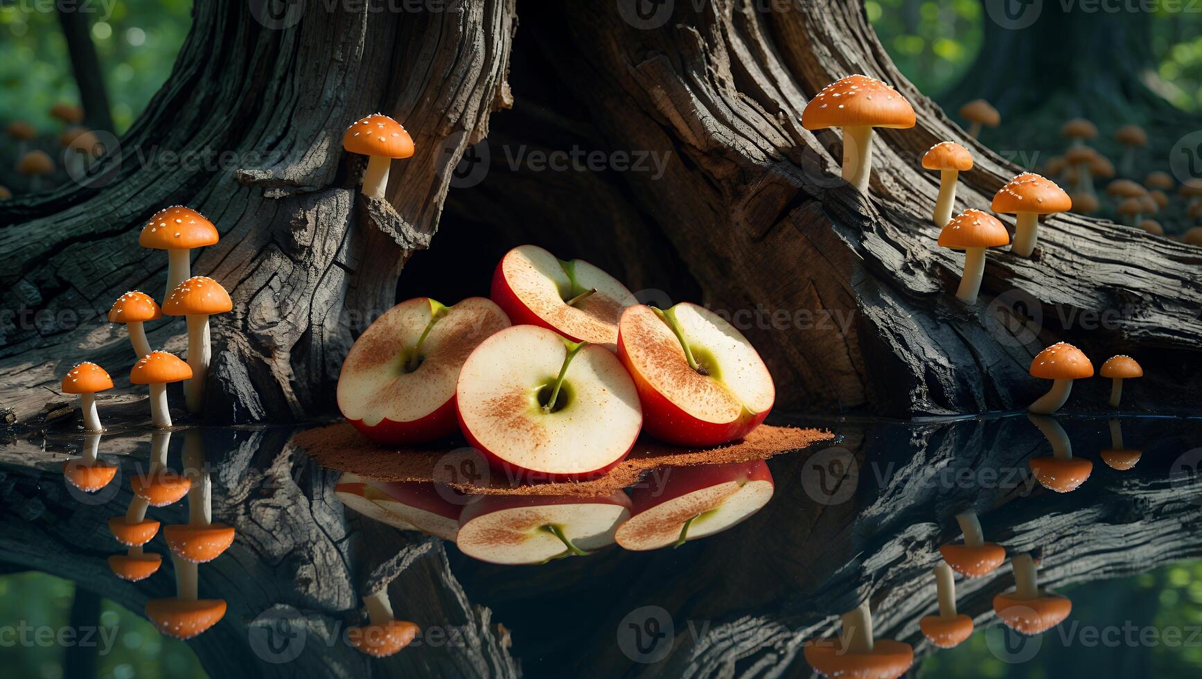 Apples by the Tree Trunk with Mushrooms Reflected in Water photo