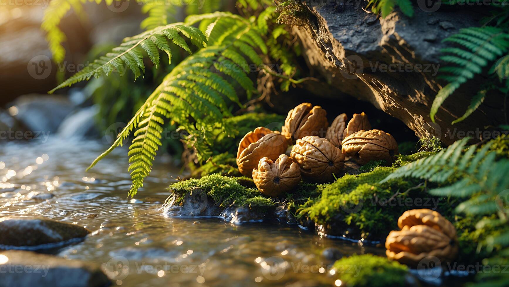 Walnuts Resting Near a Flowing Stream with Mossy Rocks and Ferns photo