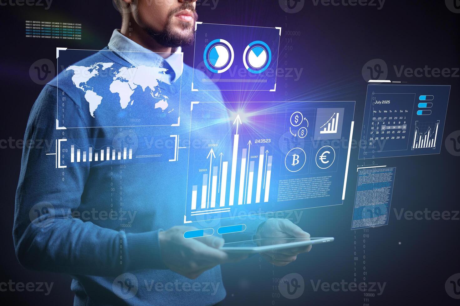 Professional analyzing data on a digital tablet with futuristic interface elements and global information photo