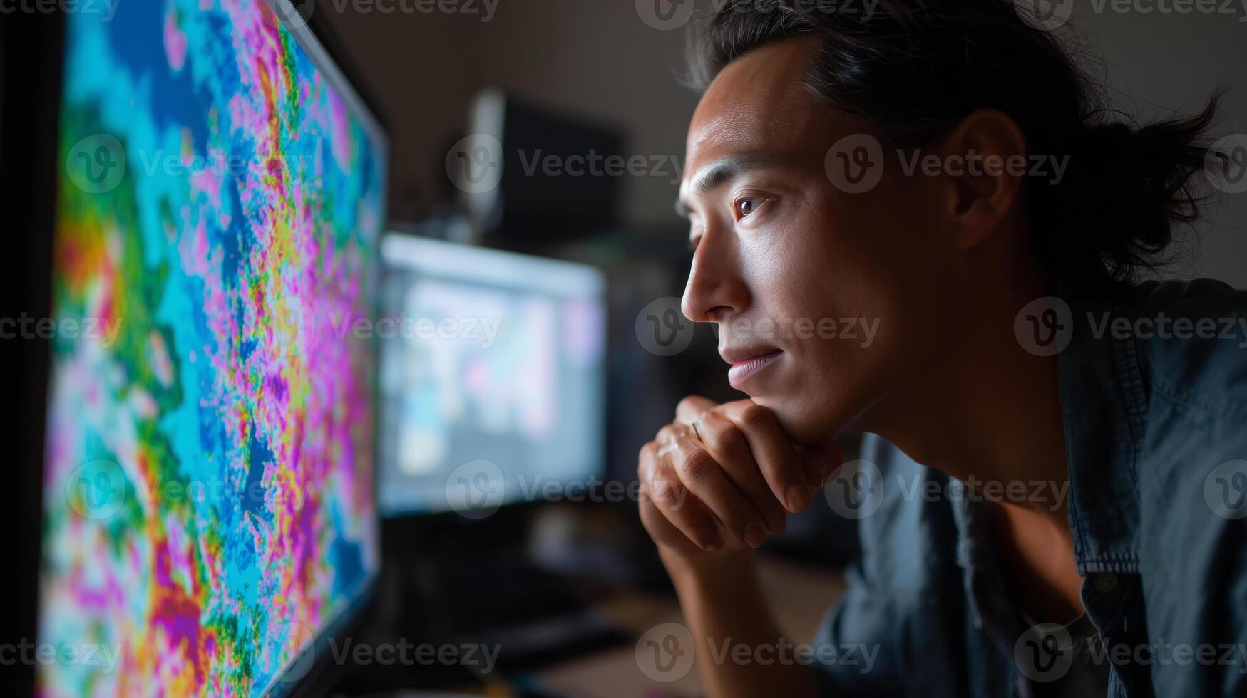 Man focused on colorful data visualization on computer screen in a dimly lit workspace during evening hours photo
