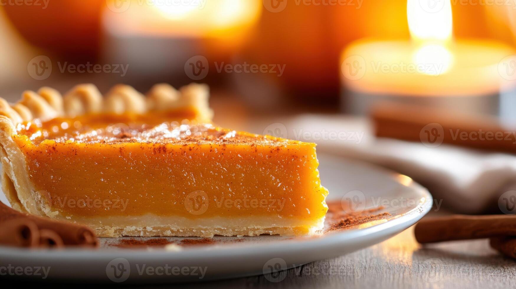 Partial side view of a golden-brown pumpkin pie with a slice cut and plated on a textured wooden table surface photo