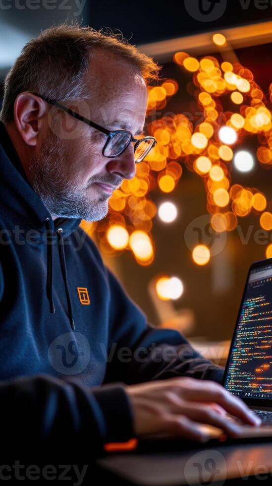 Cybersecurity data scientist in dark hoodie coding with encryption algorithms and abstract digital lock symbols. Data scientist photo