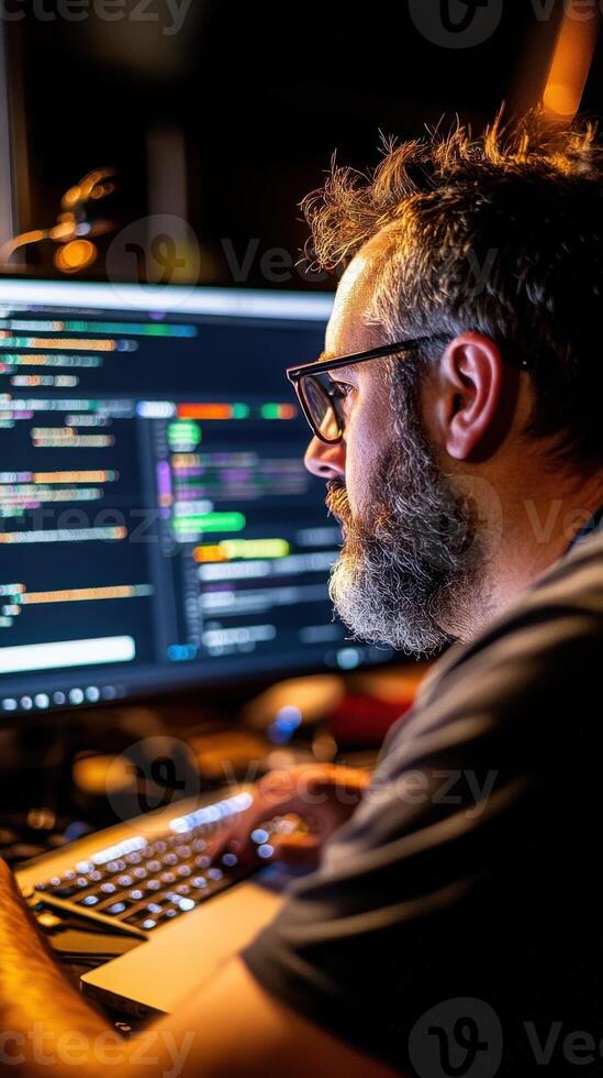 Focused male data scientist writing Python code in dark workspace showcasing technical skill and authentic tech branding. Data scientist photo