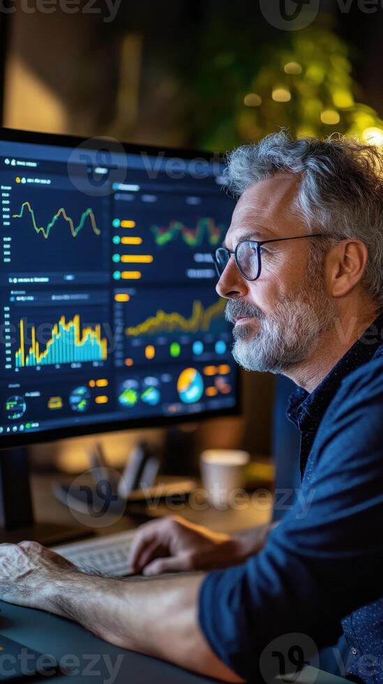 Man in modern workspace with vertical monitor displaying SaaS UI with real-time data, bar graphs, heatmaps, and KPI radial charts. Data scientist photo