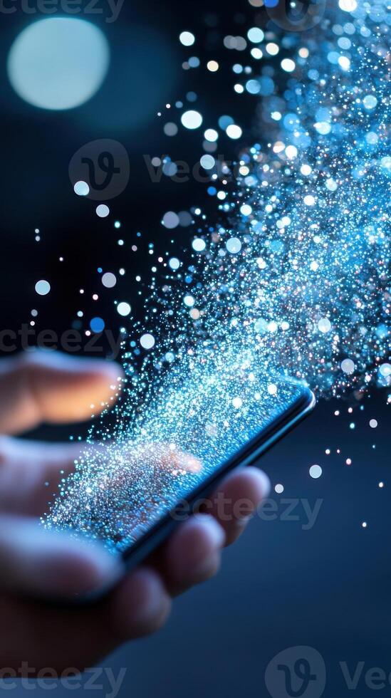 Glowing data stream rising from smartphone held by professional in modern office, with abstract symbols of charts and algorithms. Data scientist photo