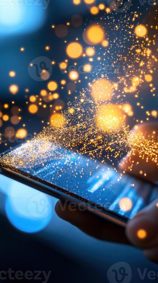 Glowing data stream emerging from smartphone held by professional in modern office with abstract analytics symbols. Data scientist photo