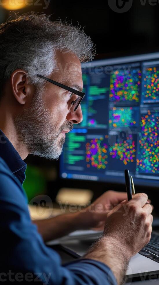 Focused male data scientist writing python code in VS Code with Jupyter Notebook visible on a moody tech workspace. Data scientist photo