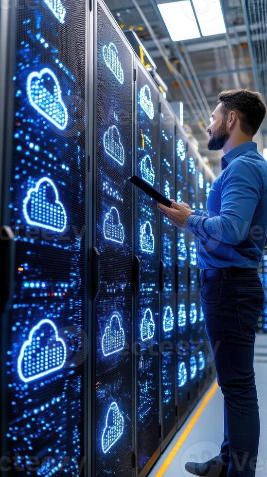 Cloud infrastructure engineer in futuristic server room with tablet displaying network architecture. Data scientist photo