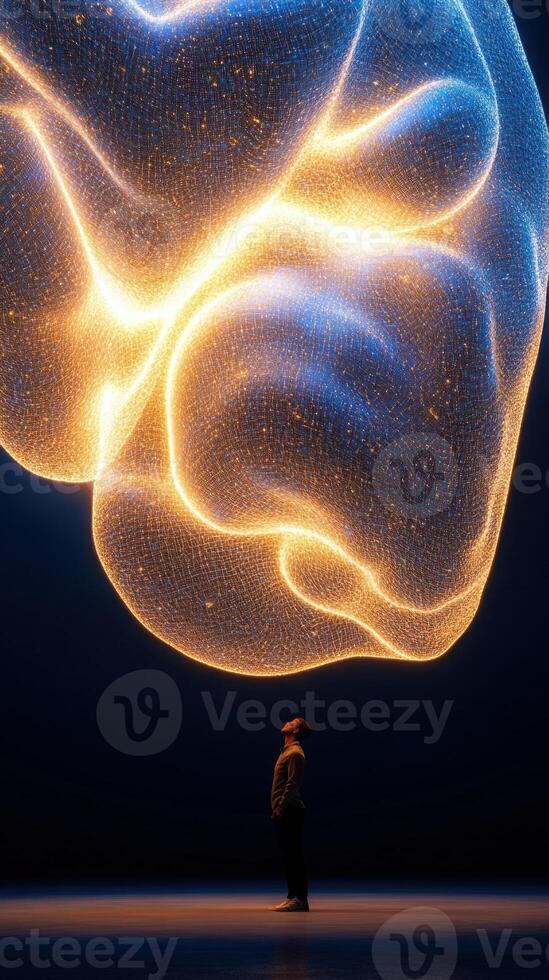 Data engineer standing beneath glowing brain hologram composed of light particles symbolizing thought and technology. Data scientist photo