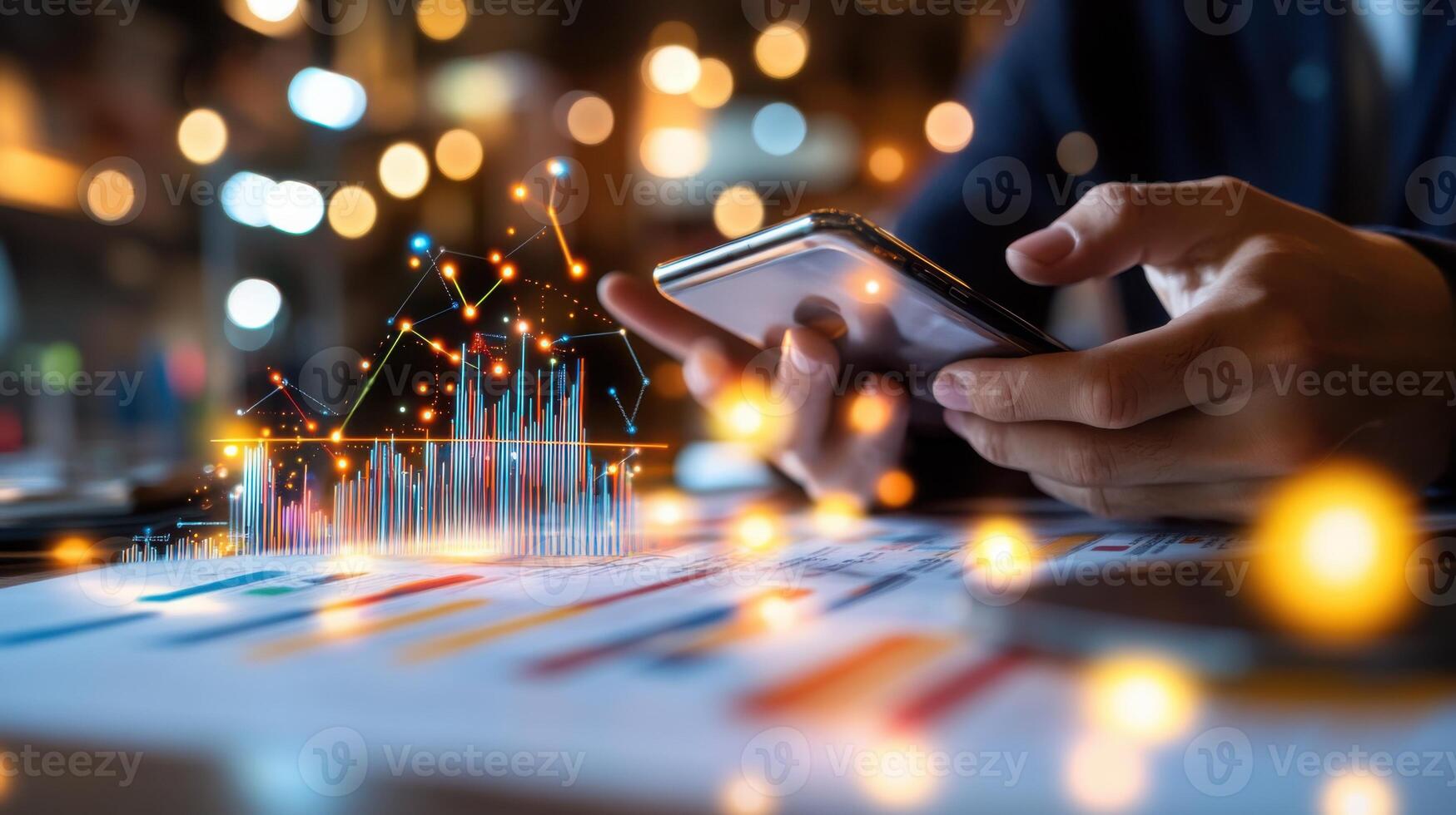 Glowing data stream rising from smartphone in a professional's hand with charts and algorithms in modern office setting. Data scientist photo