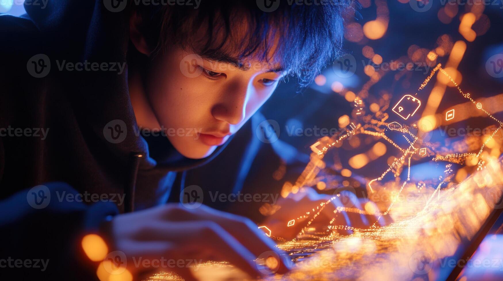 Cybersecurity data scientist in dark hoodie working on encryption algorithms with glowing digital backgrounds. Data scientist photo