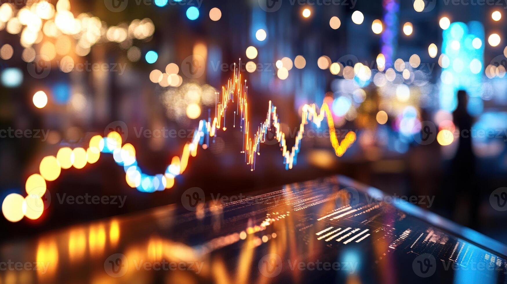 A professional holds a smartphone with a glowing data stream and abstract symbols of charts and analytics in a modern office. Data scientist photo