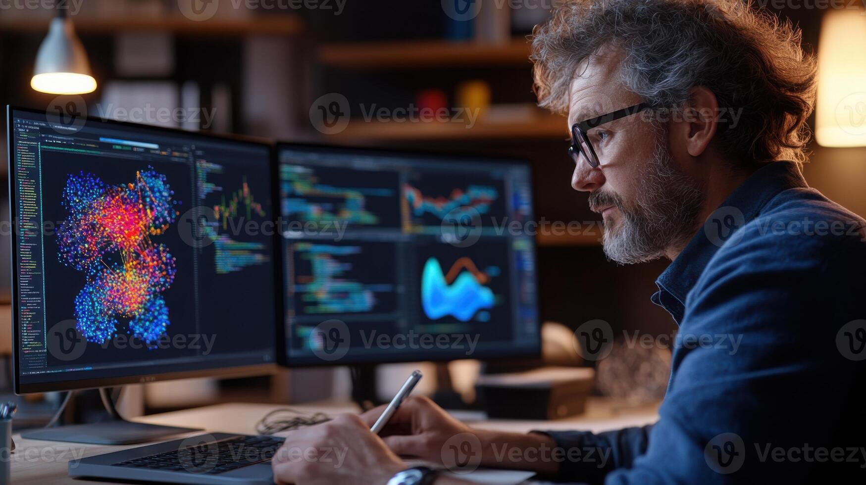 Focused male data scientist writing python code in a moody tech workspace with function definitions and seaborn visualizations. Data scientist photo