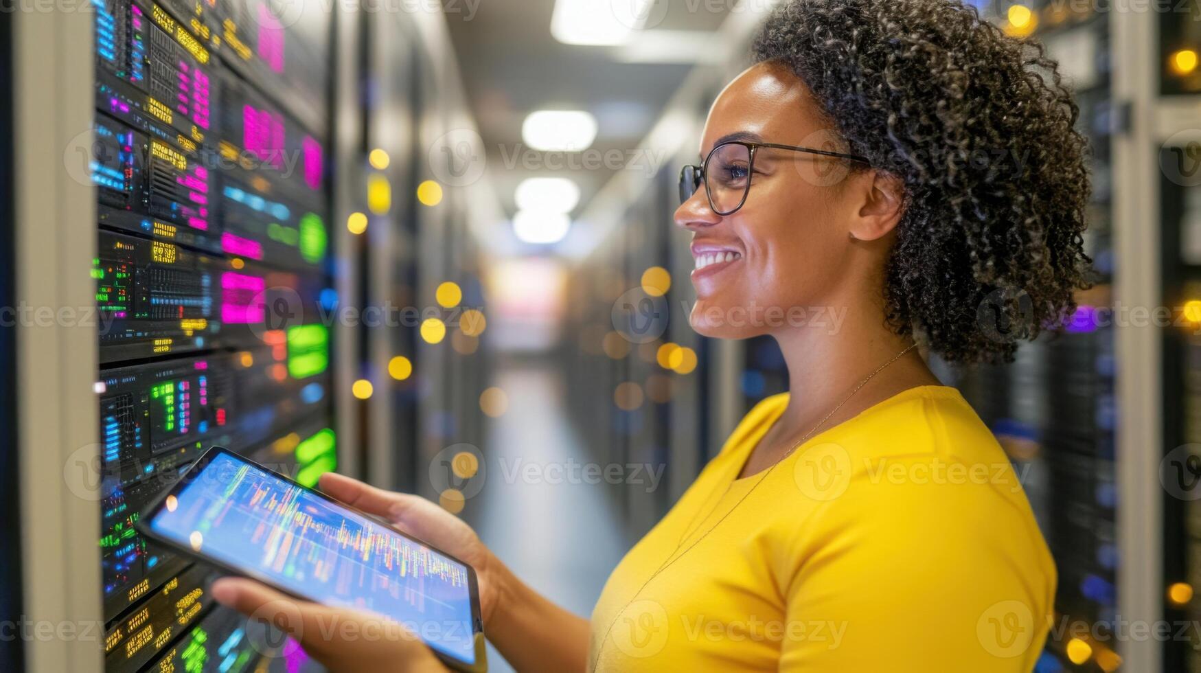 Female big data engineer walking through a glowing data center aisle with a tablet, surrounded by pulsating server lights. Data scientist photo