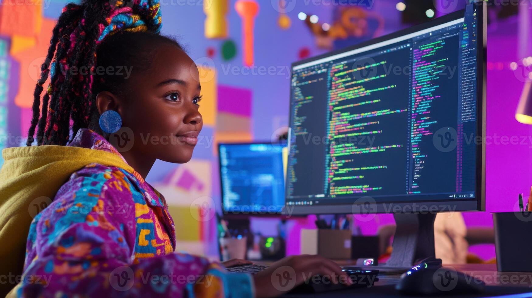 Young black female developer coding at a modern desk displaying a dual-monitor setup with python code and a live dashboard. Data scientist photo