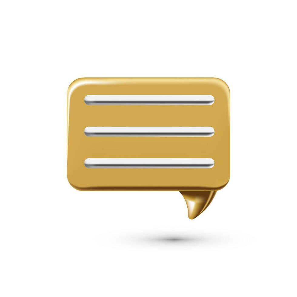 Gold 3D Chat Bubble Icon with Horizontal Lines for Communication or Messaging UI vector