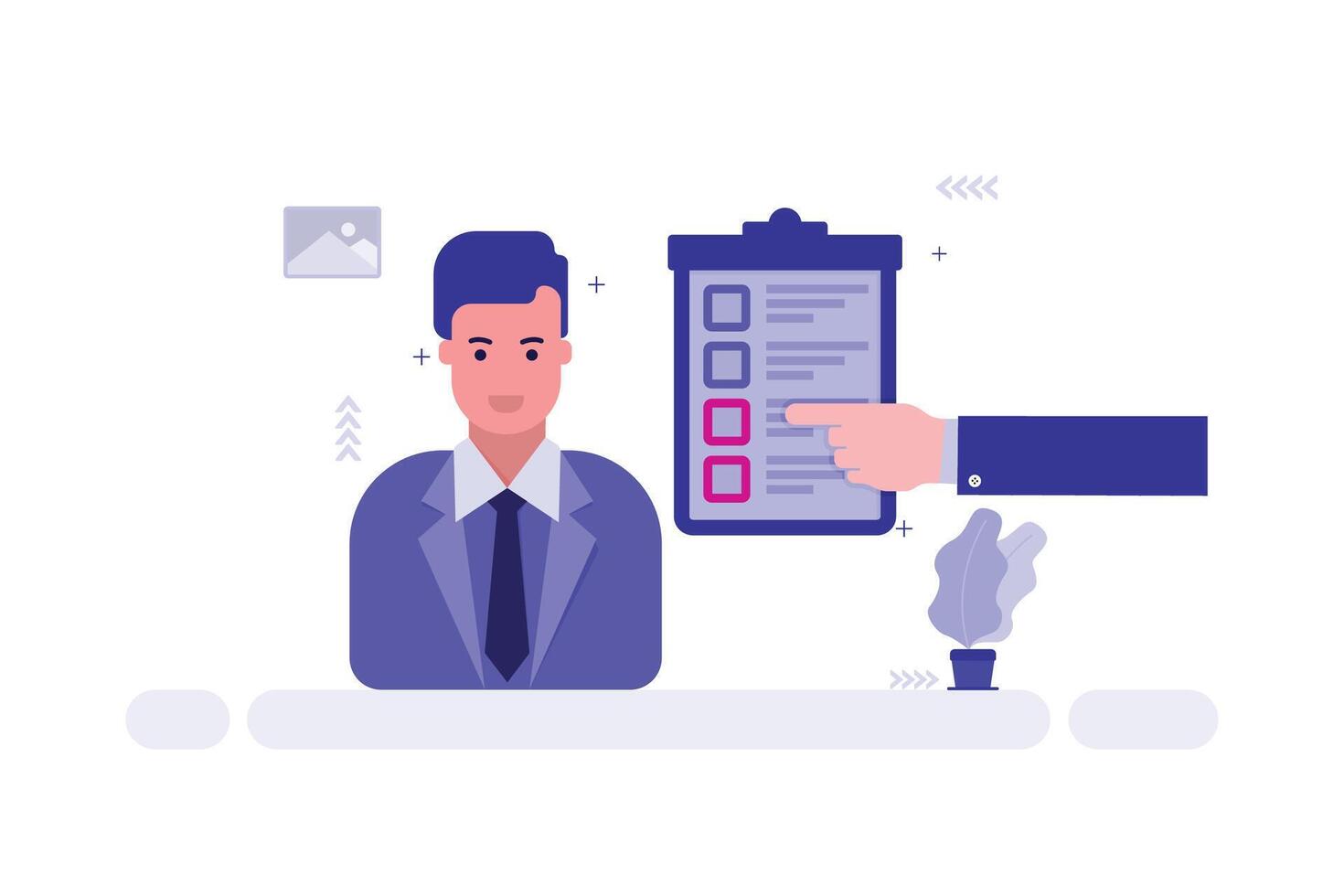 Business Evaluation Illustration, Man in Suit with Hand Pointing to Marked Checklist on Clipboard vector