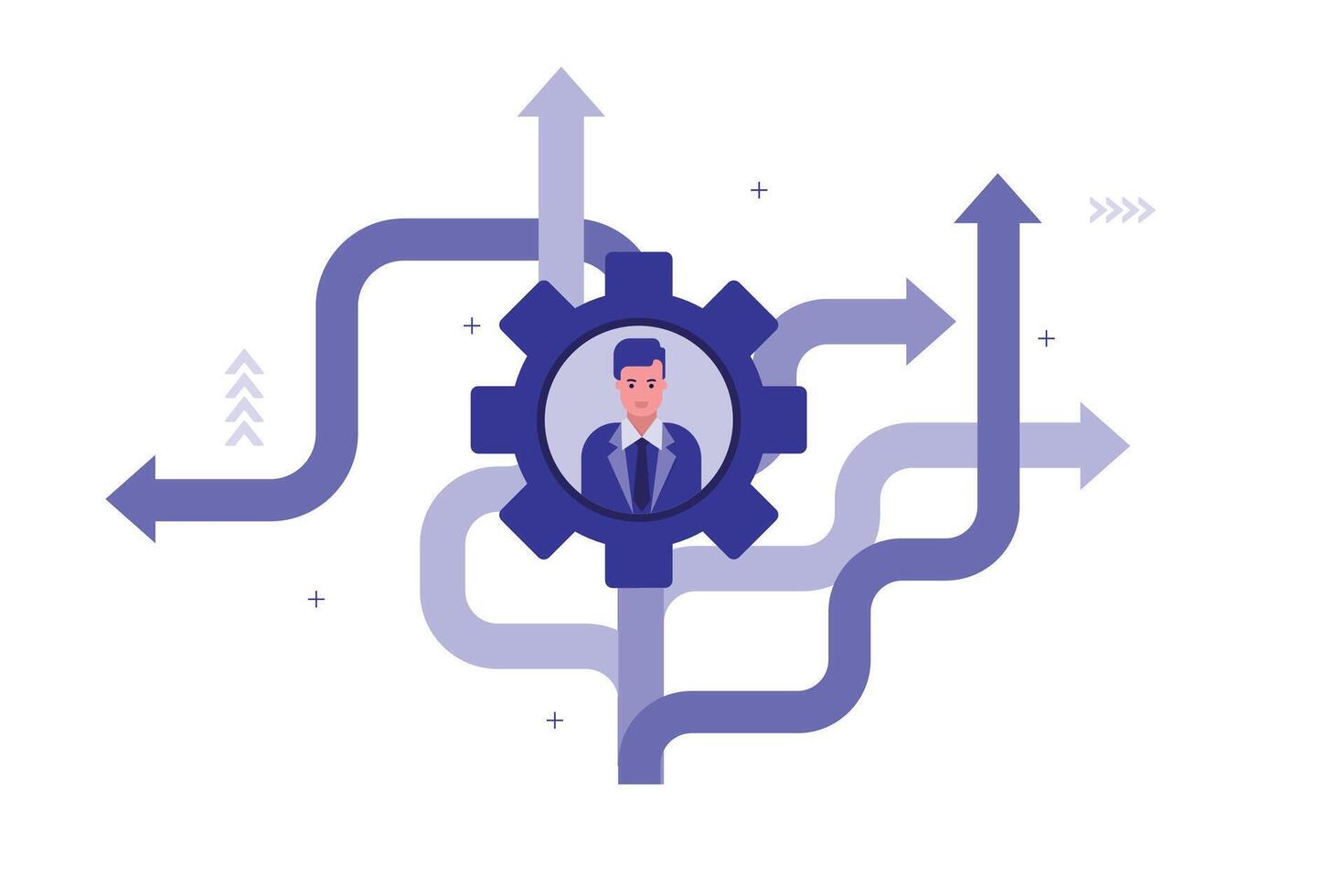 Business Concept Illustration, Man Inside Gear with Arrows Pointing Outward Representing Decision, Making and Strategic Direction vector