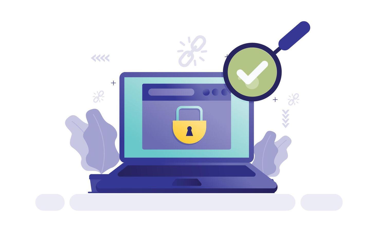 Illustration of laptop with padlock and magnifying glass, symbolizing secure access and data verification vector