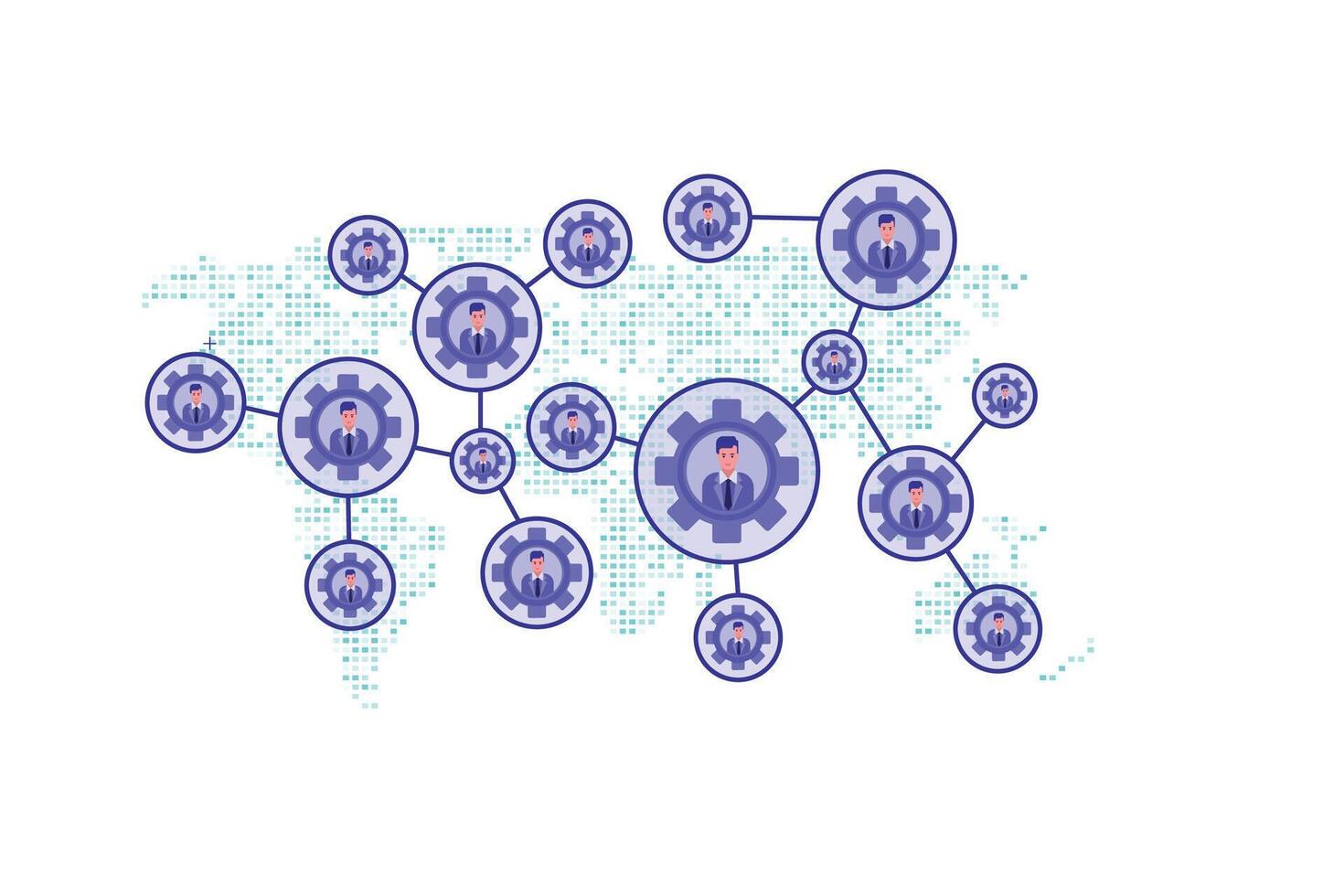 Network diagram overlaid on a world map, featuring interconnected gears. Each gear contains an illustration of a person in a suit vector