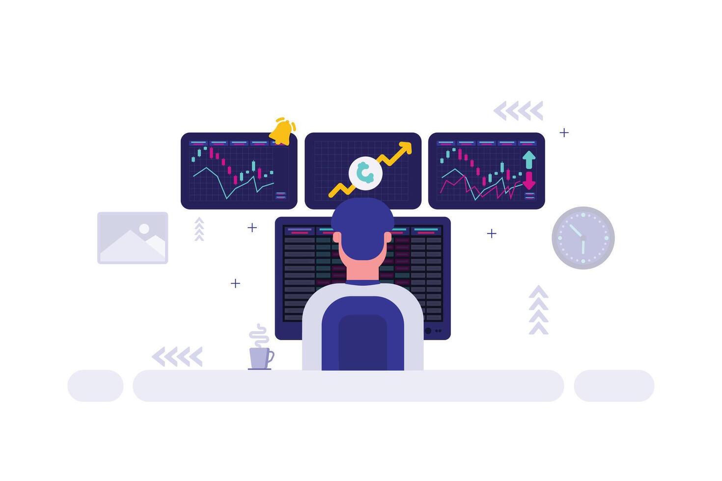 Financial Trading Desk Illustration, Person at Monitors with Charts, Data, and Refresh Symbol vector