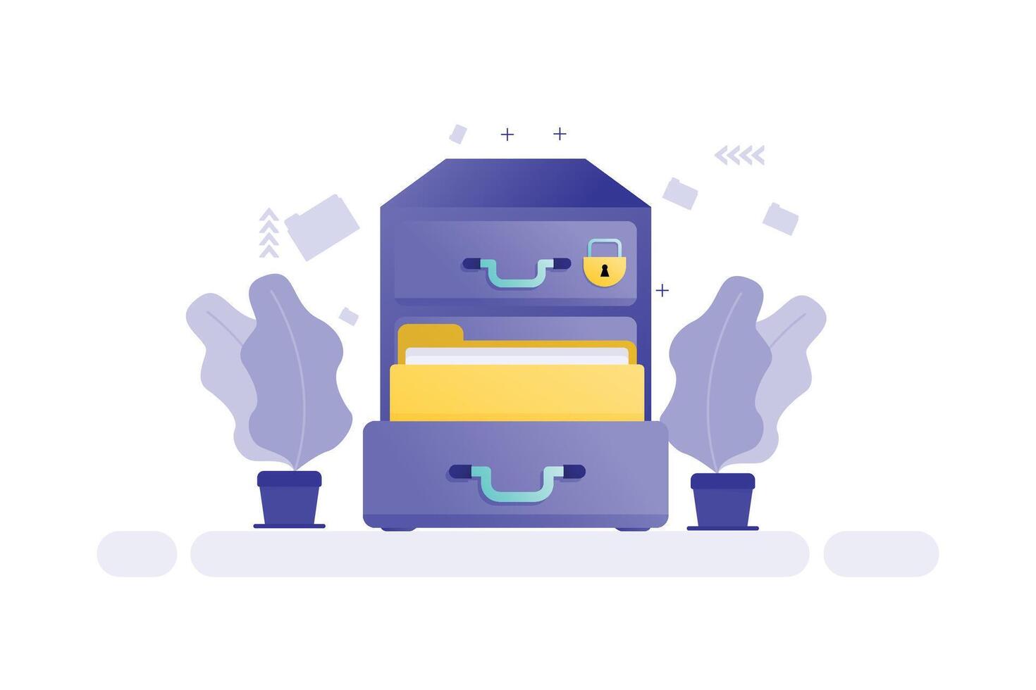 Illustration of an open file cabinet with secure documents and padlock icon vector