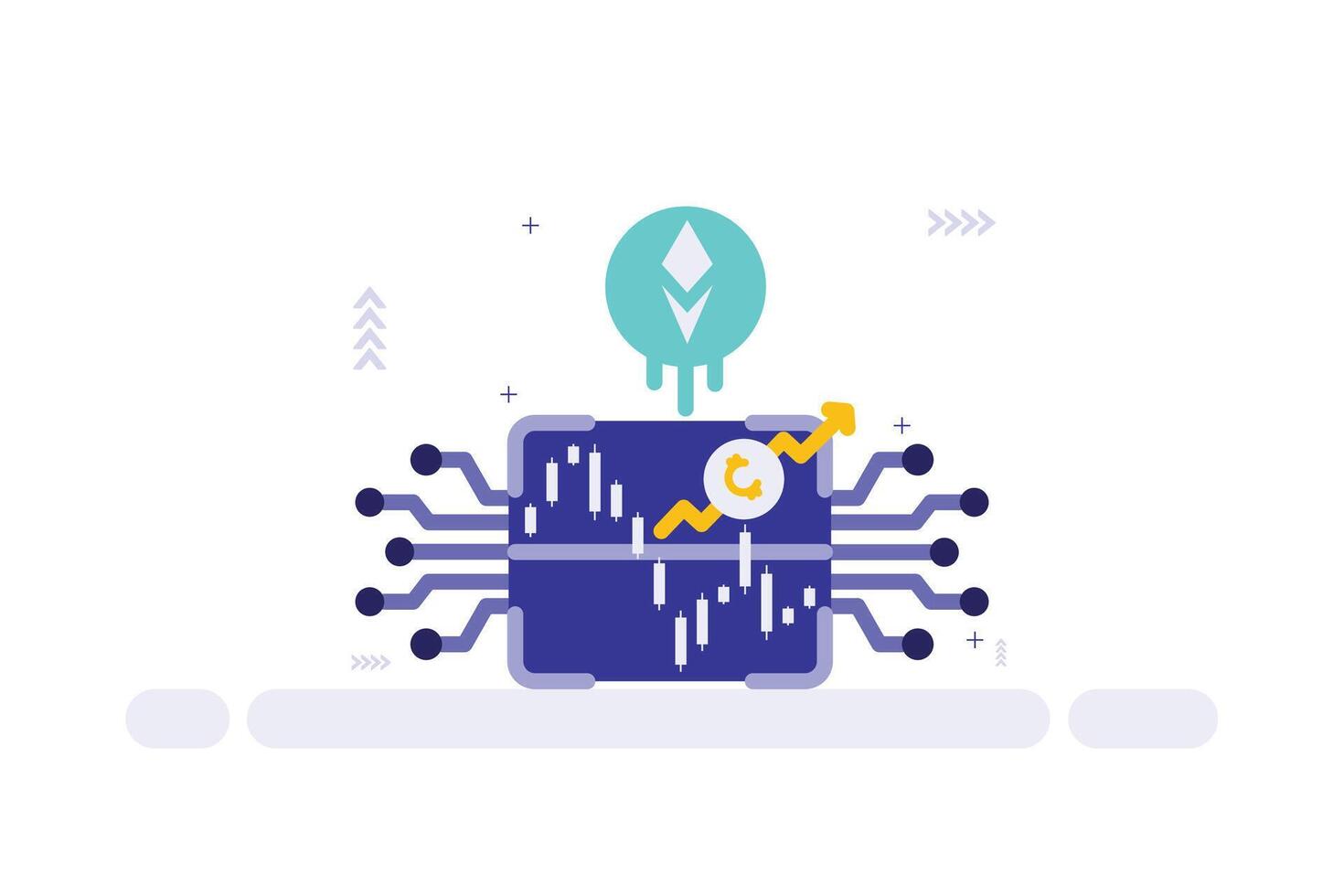 Crypto Growth Microchip Illustration, Purple Chip with Candlestick Chart, Cloud Icon, and Upward Arrow vector