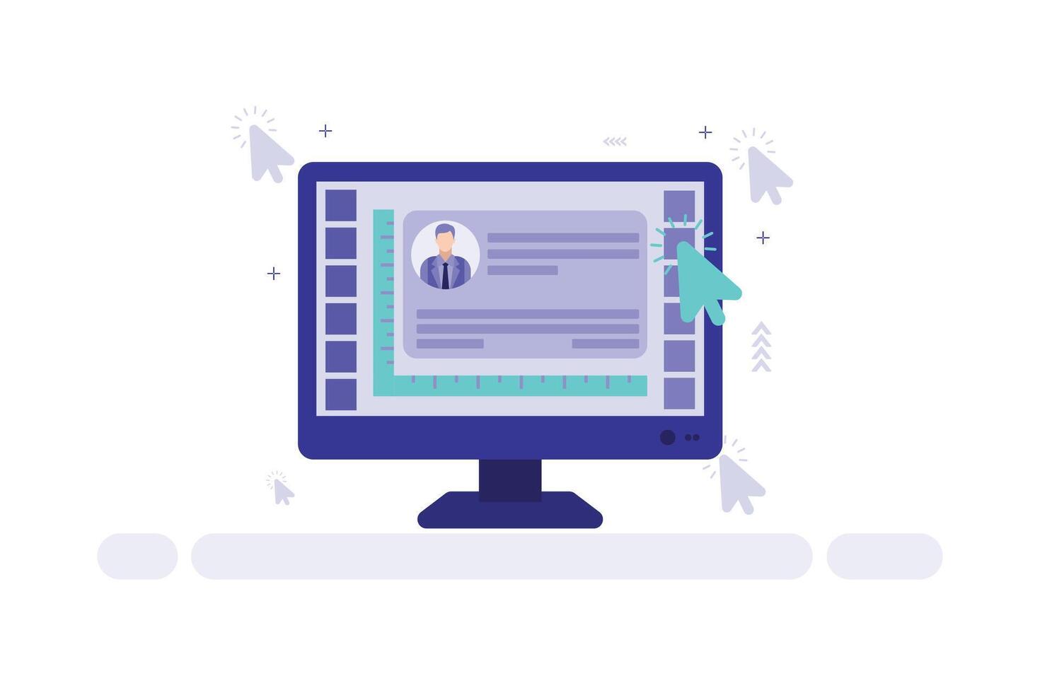 Illustration of a computer screen displaying a profile card with avatar and text, representing a digital user interface vector