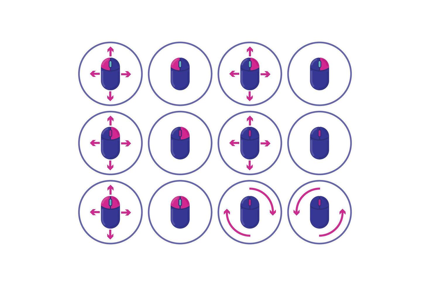 Computer Mouse Gestures Grid, 12 Icons Showing Movement and Scroll Directions vector