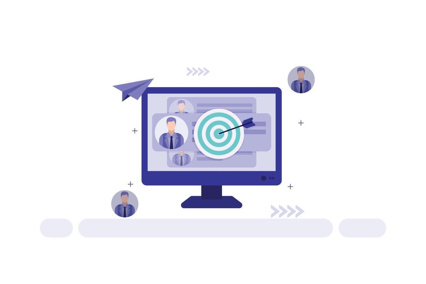 illustration of a computer monitor with target and arrow surrounded by business avatars for goal setting and networking vector